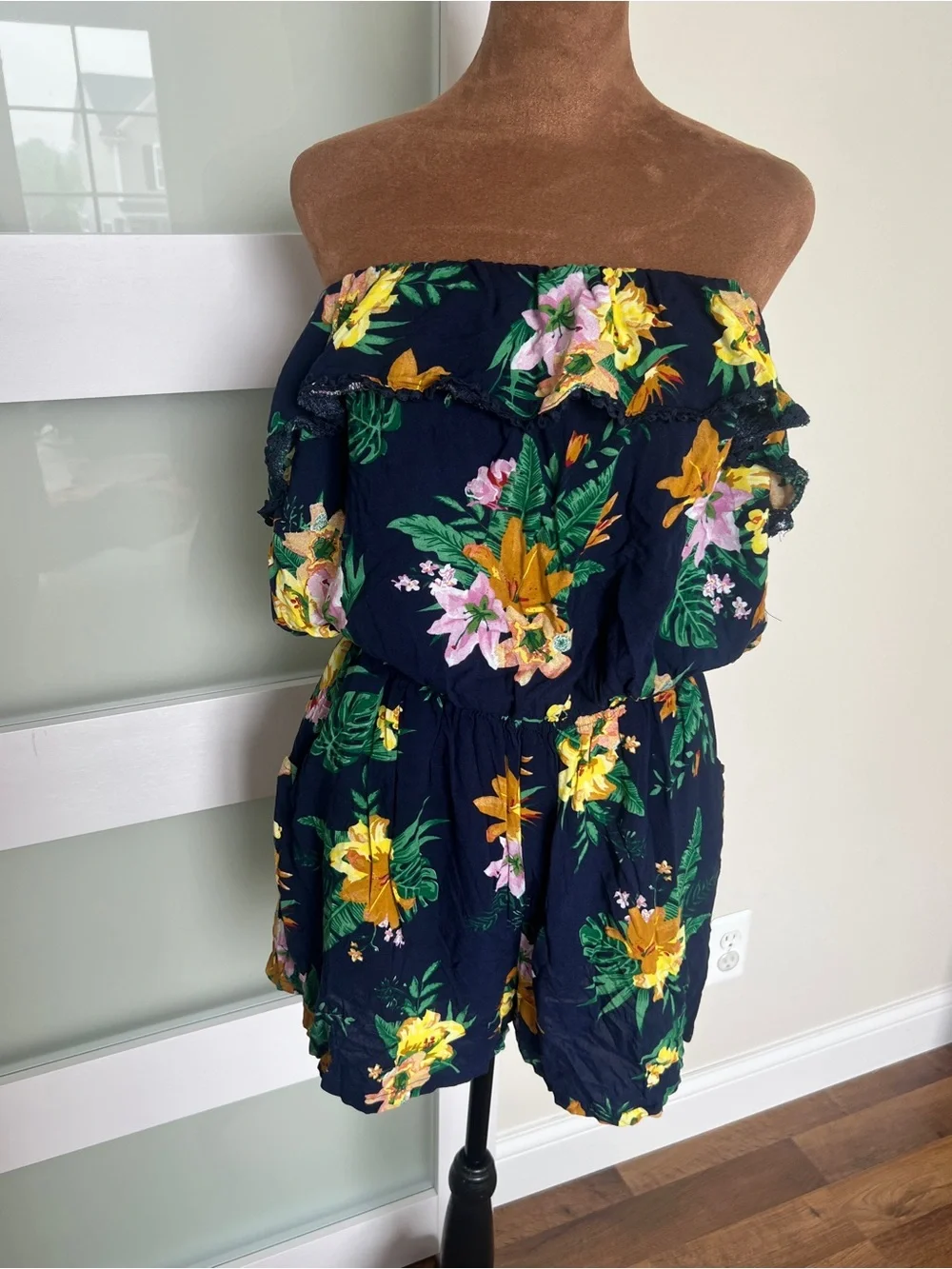 Navy Floral Off-Shoulder Romper with Yellow & Pink Blooms